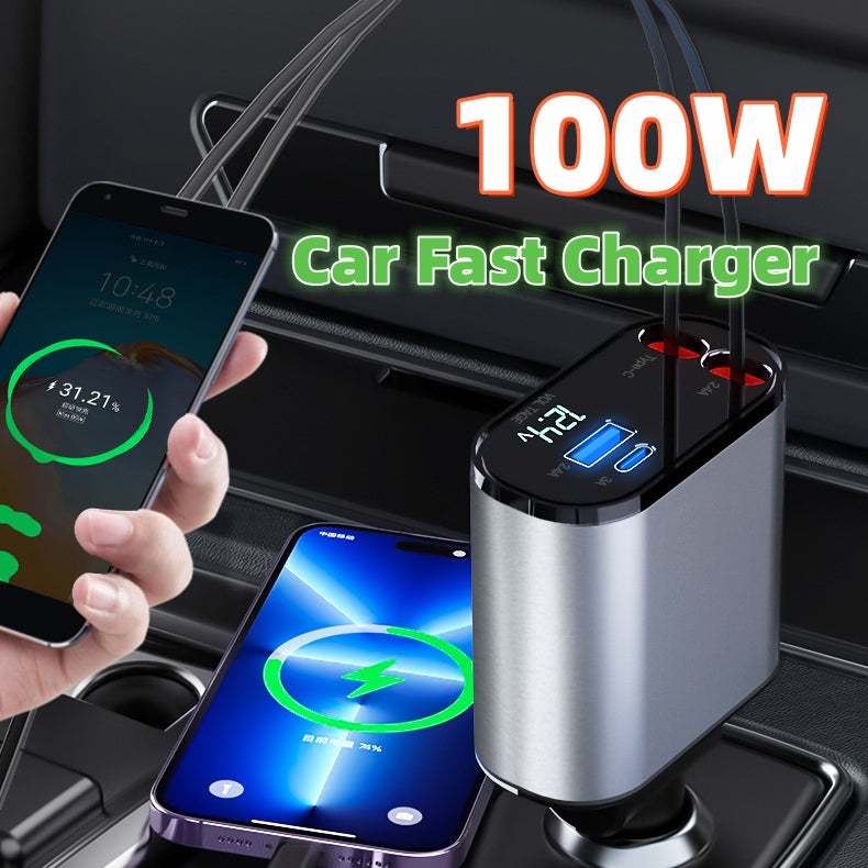 100W Super Fast Car Charger - Dual USB & Type-C Metal Adapter for iPhone & Android